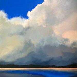 Australian beach art painting on canvas. This is an atmospheric cloudscape featuring beautiful diffused light through clouds of storm brewing over the ocean but with the bright blue sky in the background.