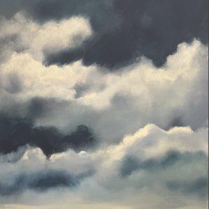 Beach Painting Australia is an artwork with cloud compositions that are both luminous and soft against a dark brooding sky. Use of deep blue ky with soft blue and white clouds over a dark sea with white surf