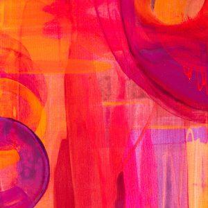 Abstract painting in orange pink and yellow, with organic shapes